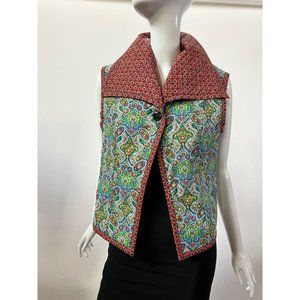 Lori Womens Vest Multicolor Abstract Single Button Handsewn Spread Collar S